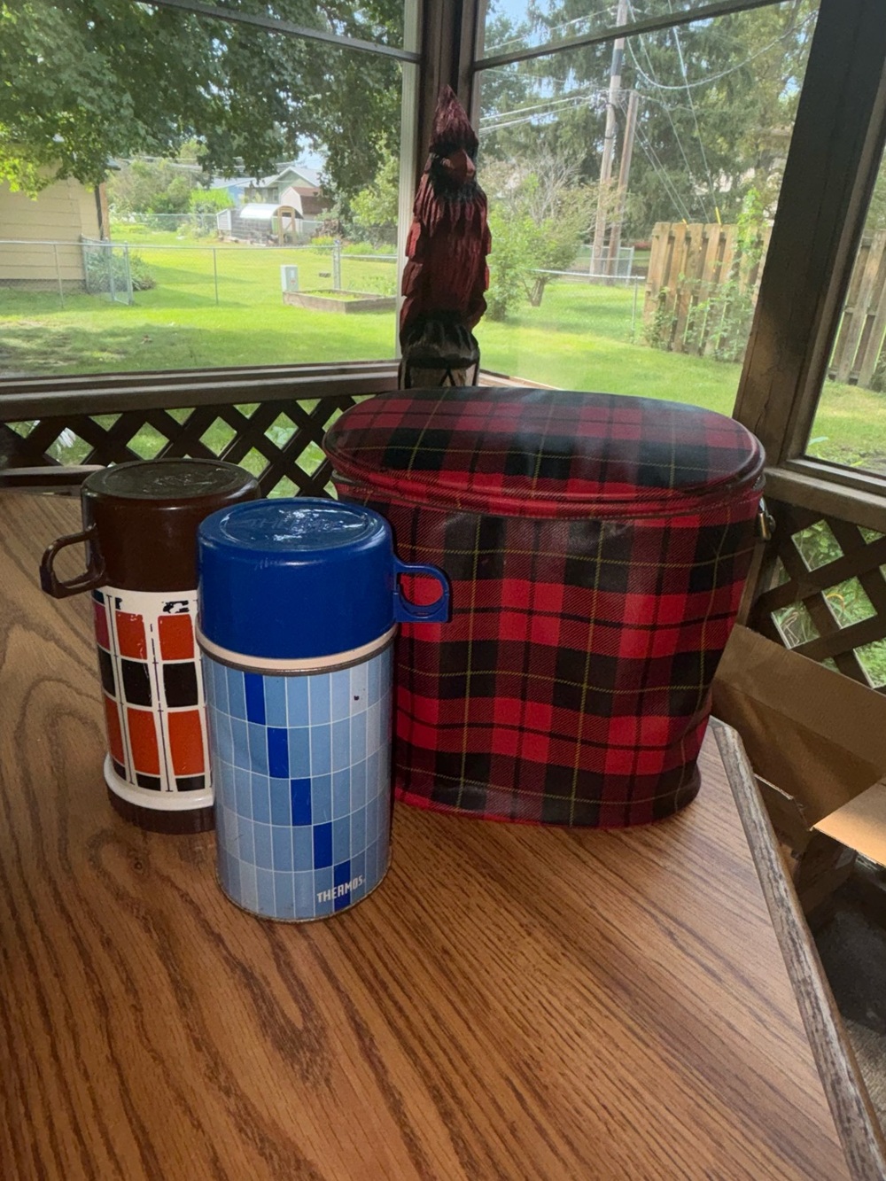 Vintage 1970’s King Seeley Red  Plaid Carry Case with 2 Thermos.